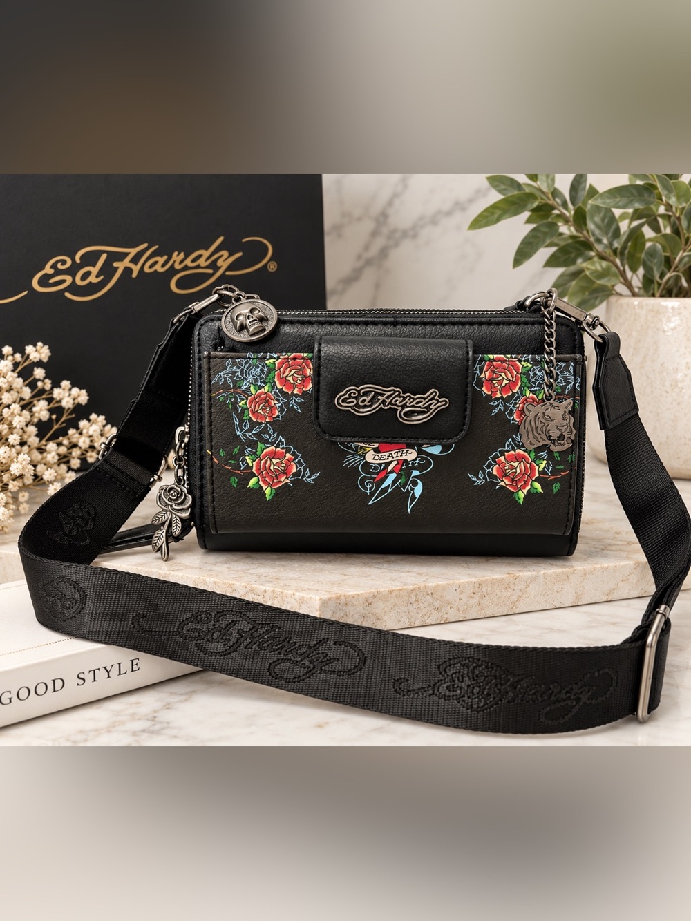 Ed Hardy Black Tattoo Rose Crossbody Wallet Bag Skull Tiger Charms NWT